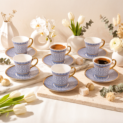 Aryıldız Kingham 12 Parça 6 Kişilik Kahve Fincan Takımı Mavi 90 ml - ARYILDIZ