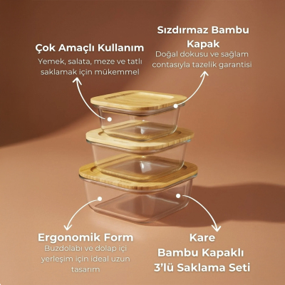 Bambum Lavi Kare 3 Parça Saklama Kabı Seti - BAMBUM