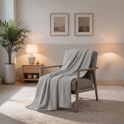 Maxstyle Çizgili Vizon Çift Kişilik Polar Battaniye Açık Gri 200x220 cm - MAXSTYLE