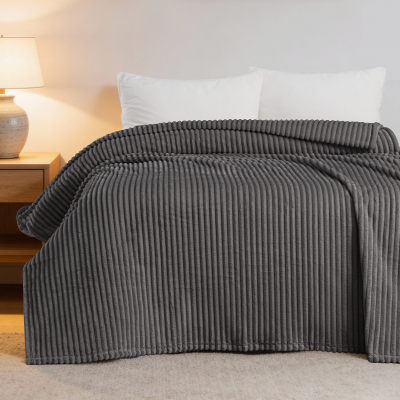 Maxstyle Çizgili Vizon Çift Kişilik Polar Battaniye Koyu Gri 200x220 cm - 1