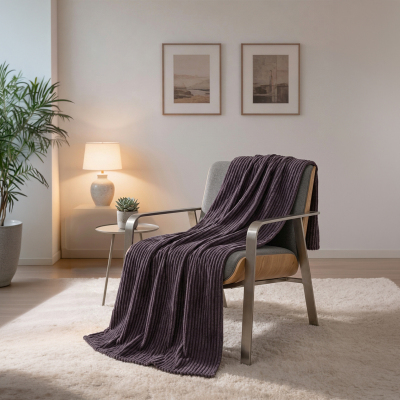Maxstyle Çizgili Vizon Çift Kişilik Polar Battaniye Mürdüm 200x220 cm - MAXSTYLE