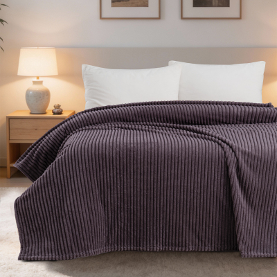 Maxstyle Çizgili Vizon Tek Kişilik Polar Battaniye Mürdüm 150x220 cm - MAXSTYLE