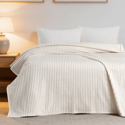 Maxstyle Vizon Çizgili Tek Kişilik Polar Battaniye Kemik 150x220 cm - MAXSTYLE